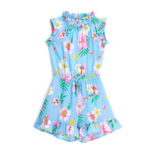 Tropical pastel girl jumpsuit with lace at the waist