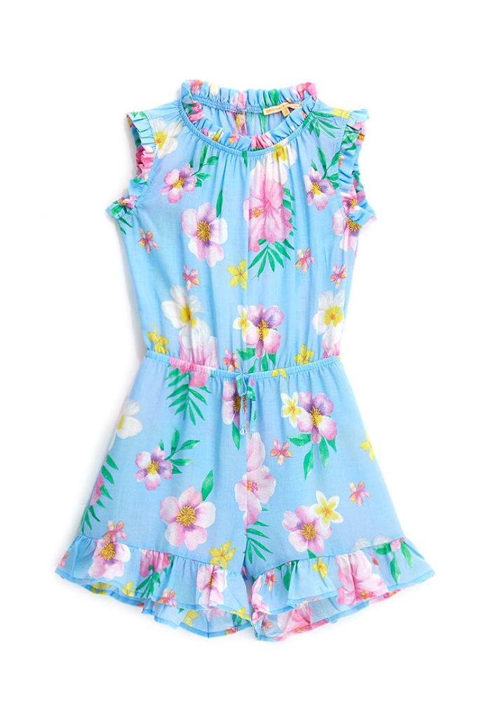 Tropical pastel girl jumpsuit with lace at the waist